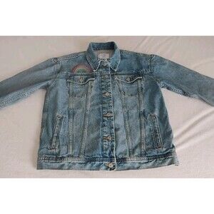 Old Navy Boyfriend Jean Jacket Women's  Rainbow Embroidered Denim Sz M EUC